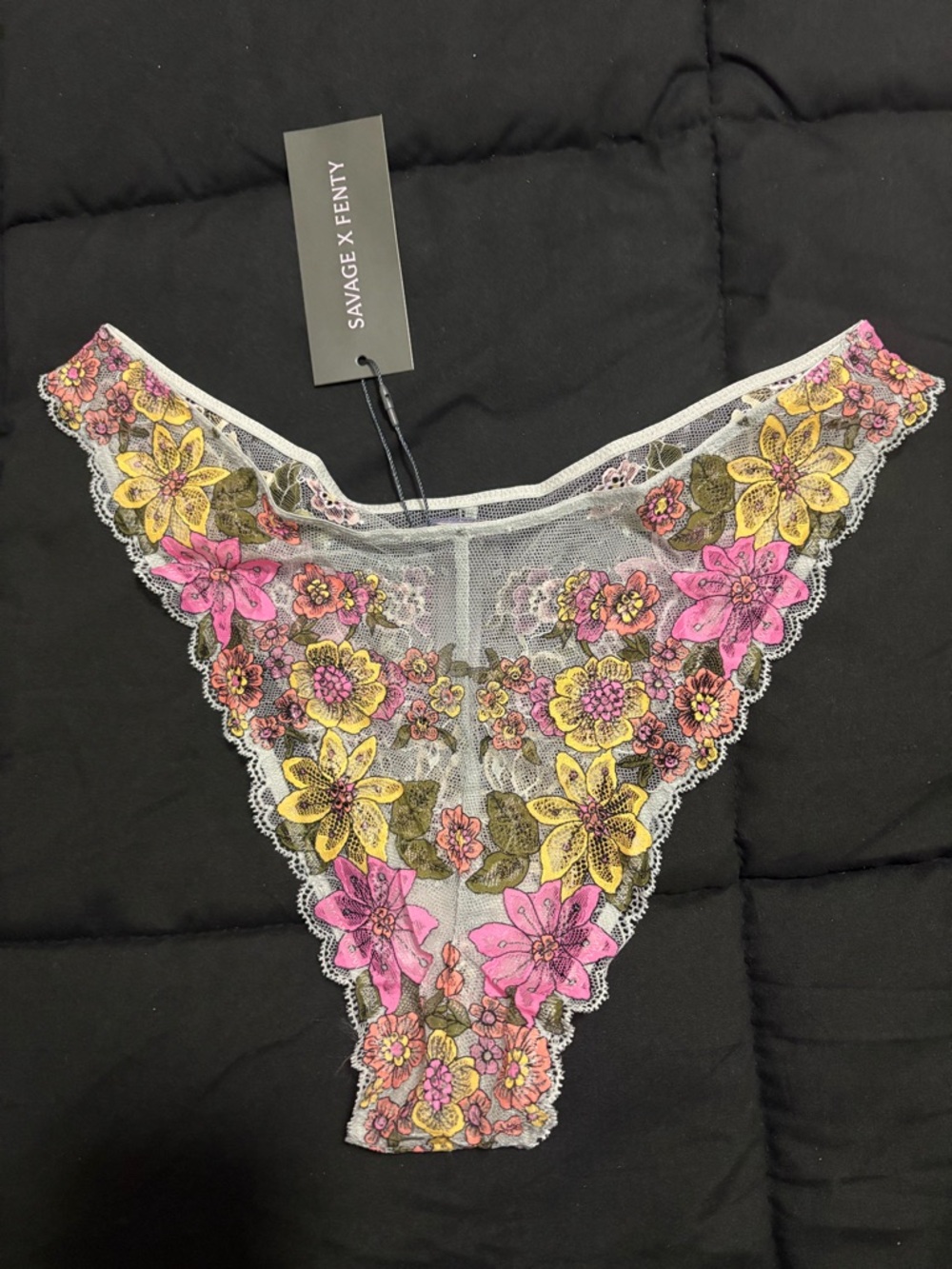 Savage X Fenty Sheer Floral Lace Thong in Pink & Yellow
